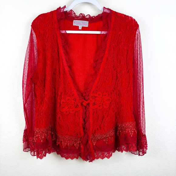 PRETTY ANGEL Gorgeous Red Gypsy Goth Boho Lace One Button Ruffle Top / Size XL - Picture 1 of 16